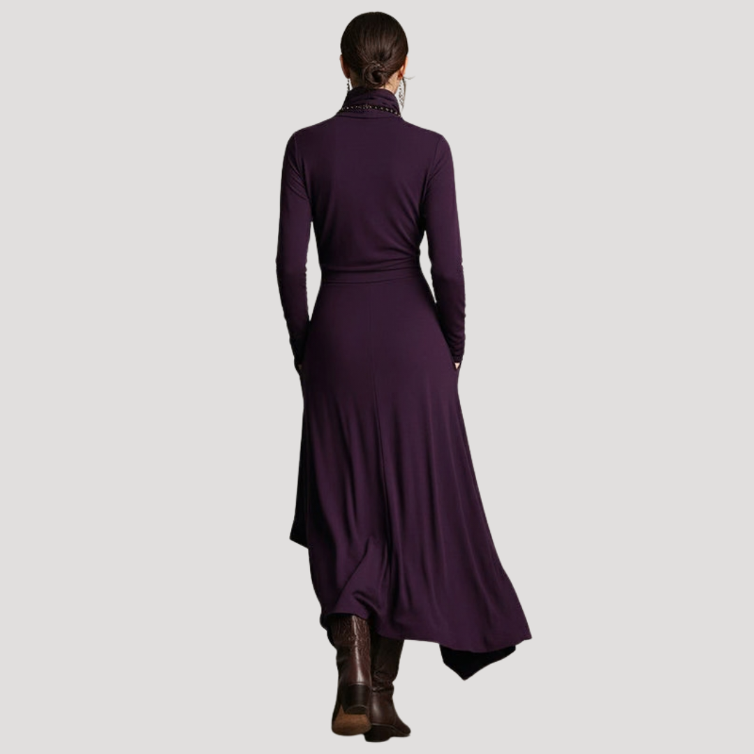 Modest Long Sleeve Turtleneck Asymmetrical Maxi Dress