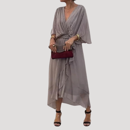 Chiffon Wrap Midi Dress with Tie Waist and Flowy Fit
