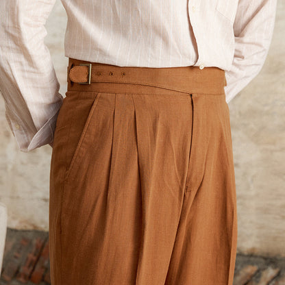 Straight Trousers with Double Pleats in Napolitana Linen Blend