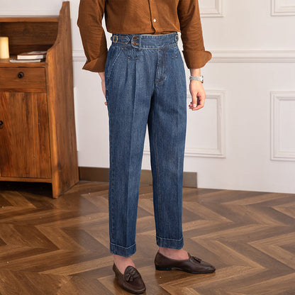 Vintage Pleated Straight Denim Trousers Lorenzo