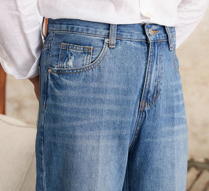 Pleated Straight Leg Cotton Denim Trousers Alassio