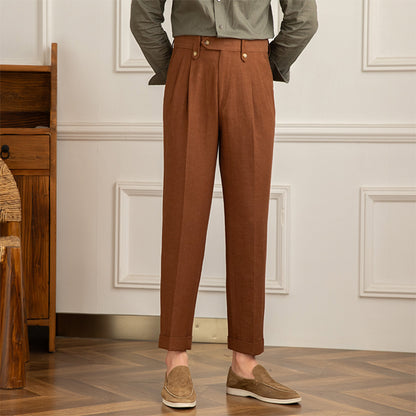 Straight Trousers with Double Pleat in Linen Blend