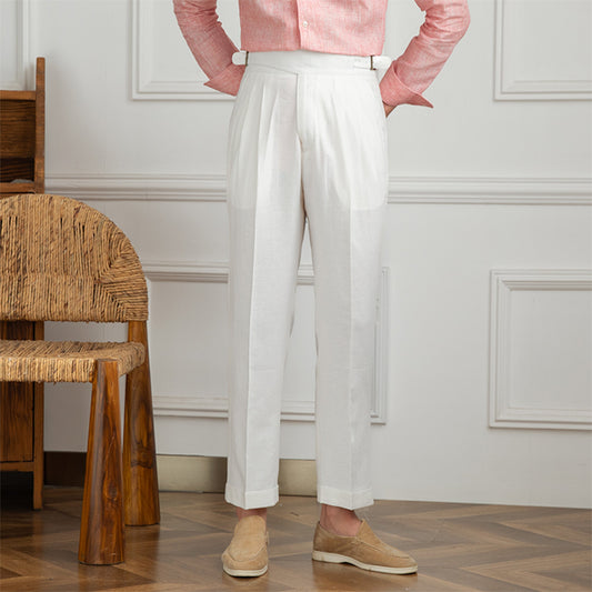 Monza Double Pleat Straight Leg Trousers in Linen Blend