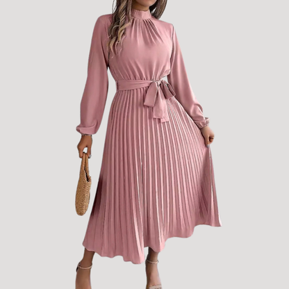 Modest Long Sleeve Pleated Belted Maxi Dress