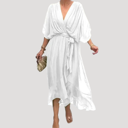 Chiffon Wrap Midi Dress with Tie Waist and Flowy Fit