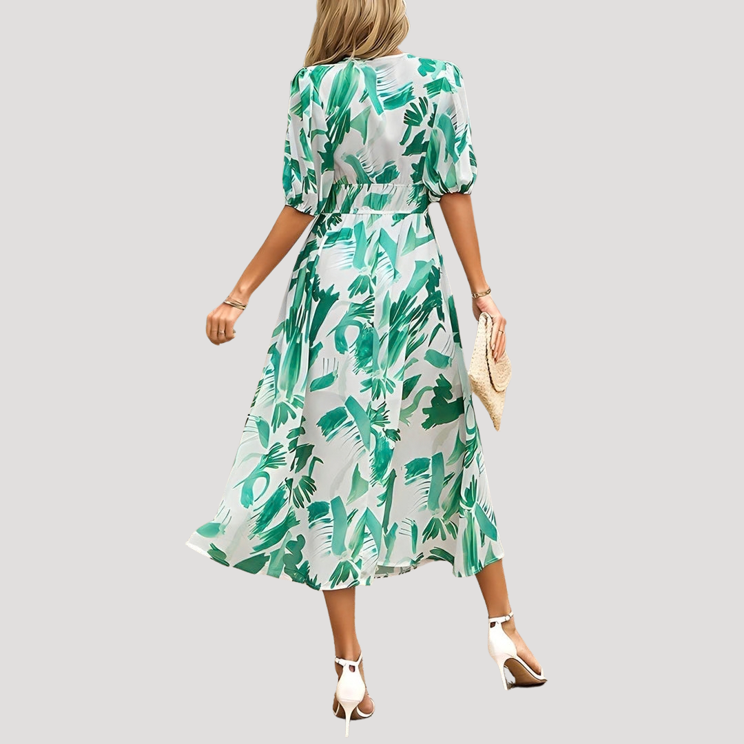 Flowy Printed Puff Sleeve Midi Dress