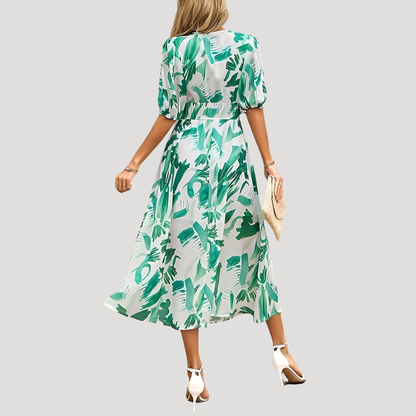 Flowy Printed Puff Sleeve Midi Dress