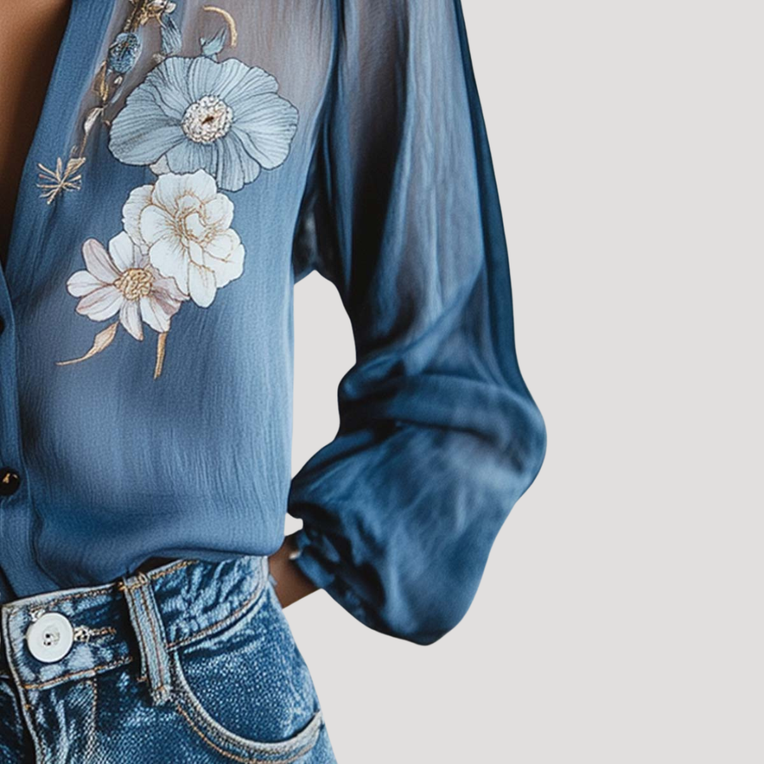 Women’s Elegant Long Sleeve Floral Chiffon Blouse