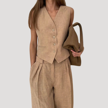 Women's Linen Blend Waistcoat Co-ord – Tailored 2 Piece Wide Leg Trouser Set