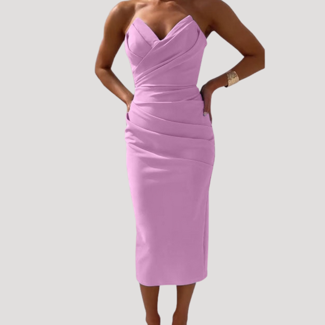 Ruched Strapless Bodycon Midi Dress for Evening Parties