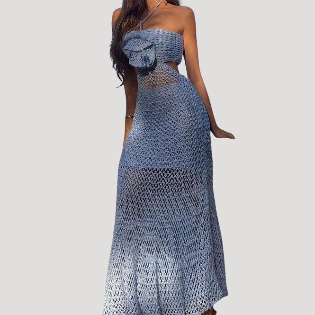 Crochet Beach Dress with Flower Detail and Maxi Length