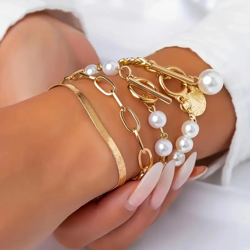 Chic 4-Piece Gold Bracelet Set – Snake, Pearls, and Links