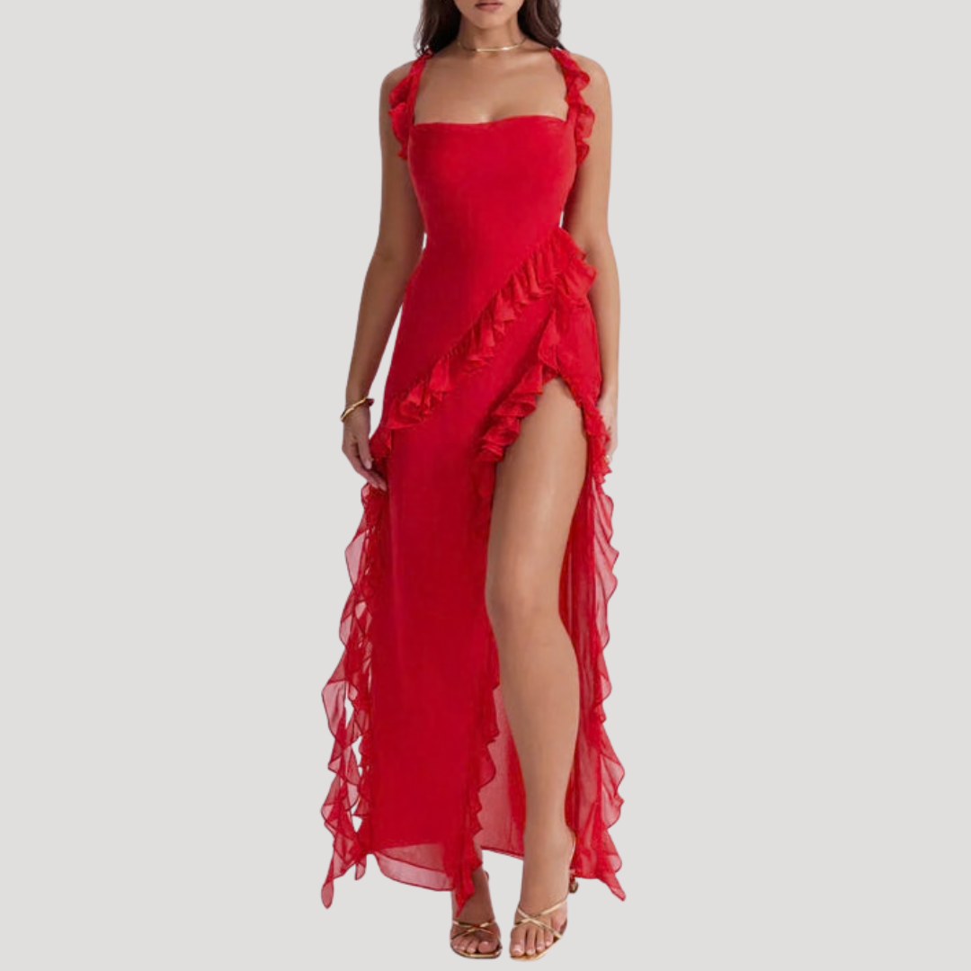 Ruffle Maxi Dress with High Slit for Elegant Evenings