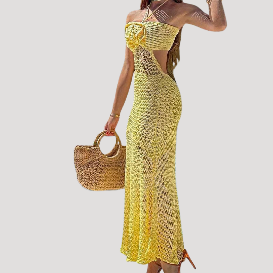 Crochet Beach Dress with Flower Detail and Maxi Length