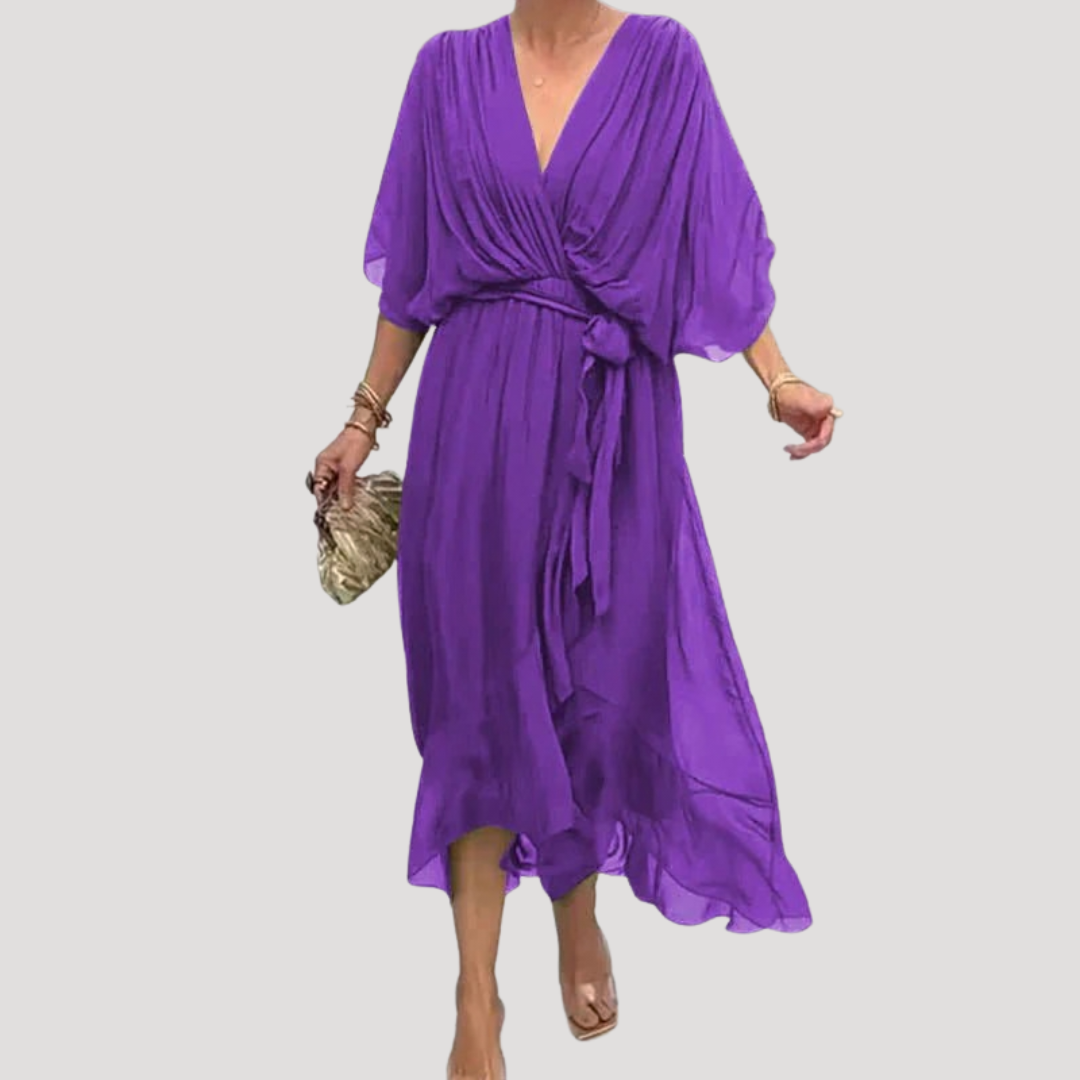 Chiffon Wrap Midi Dress with Tie Waist and Flowy Fit