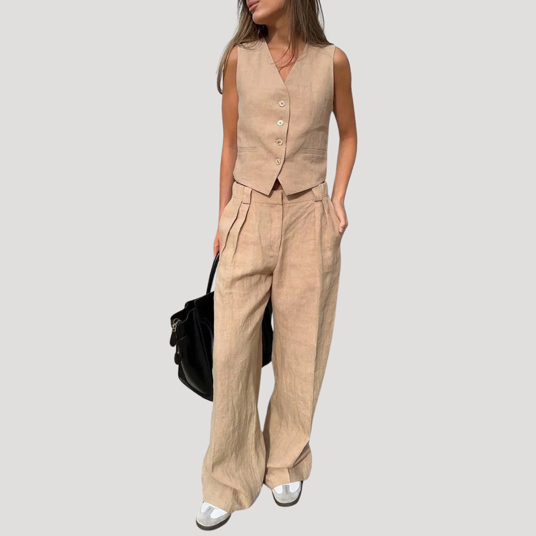Women's Linen Blend Waistcoat Co-ord – Tailored 2 Piece Wide Leg Trouser Set