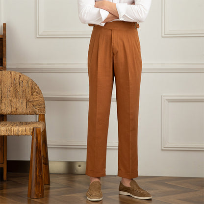 Monza Double Pleat Straight Leg Trousers in Linen Blend