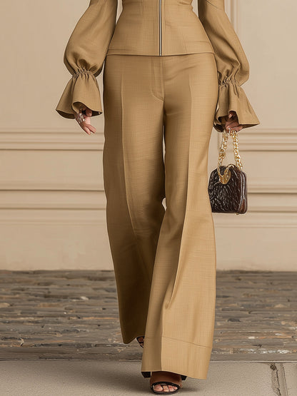 Cleo - Brown Zip-Up Costume with Off-Shoulder Design and Bell Sleeves