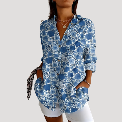 Women’s Summer Floral Print Button Front Blouse