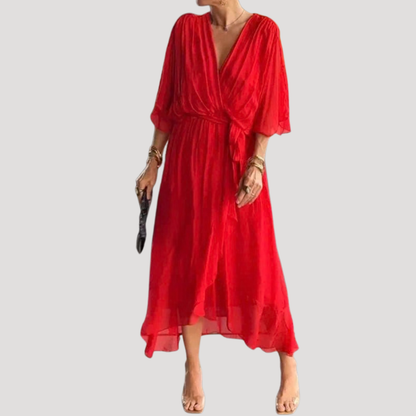 Chiffon Wrap Midi Dress with Tie Waist and Flowy Fit