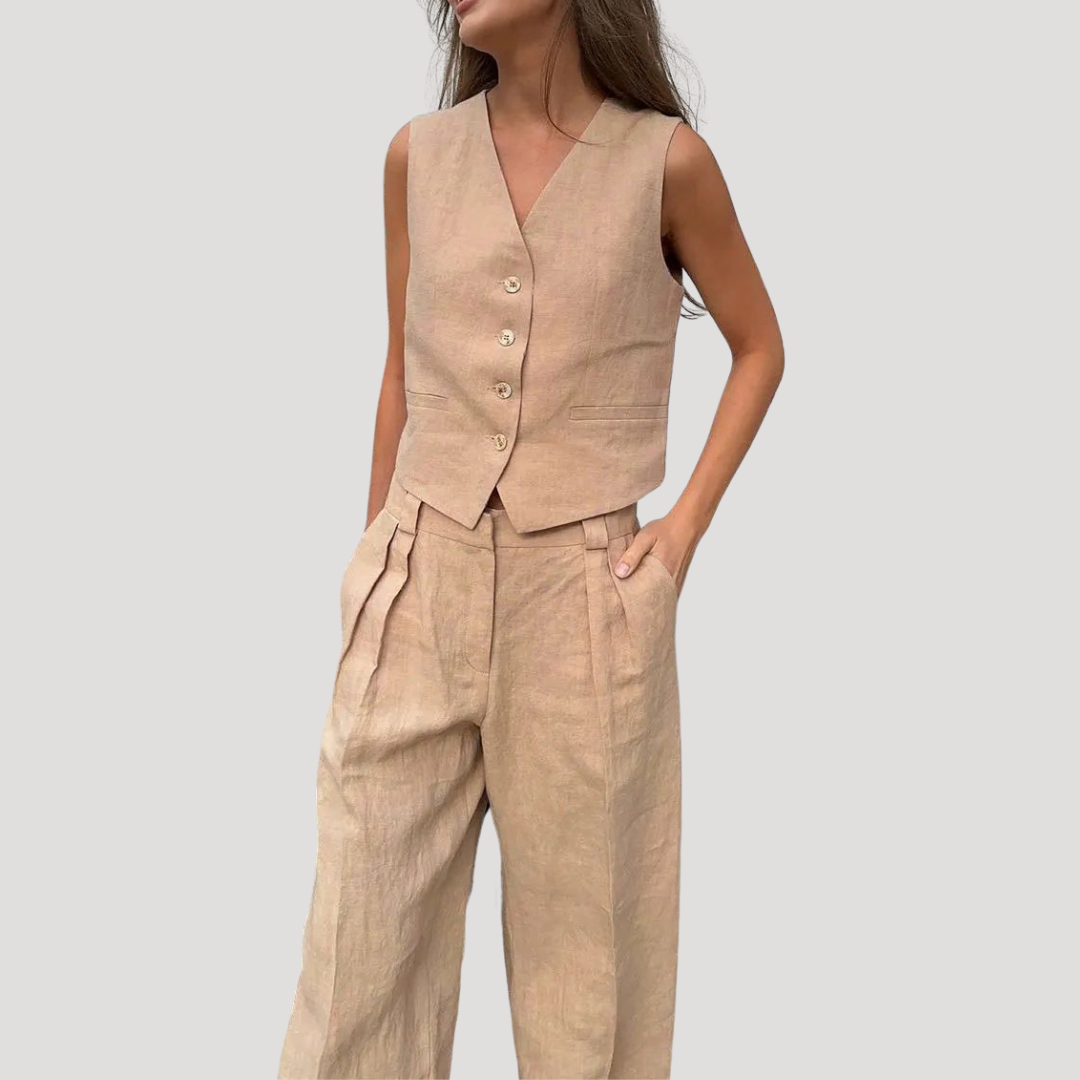 Women's Linen Blend Waistcoat Co-ord – Tailored 2 Piece Wide Leg Trouser Set