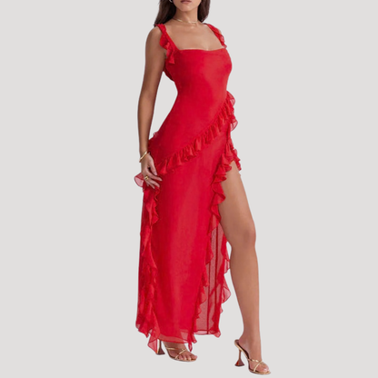 Ruffle Maxi Dress with High Slit for Elegant Evenings
