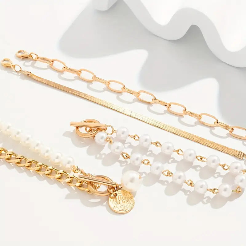 Chic 4-Piece Gold Bracelet Set – Snake, Pearls, and Links