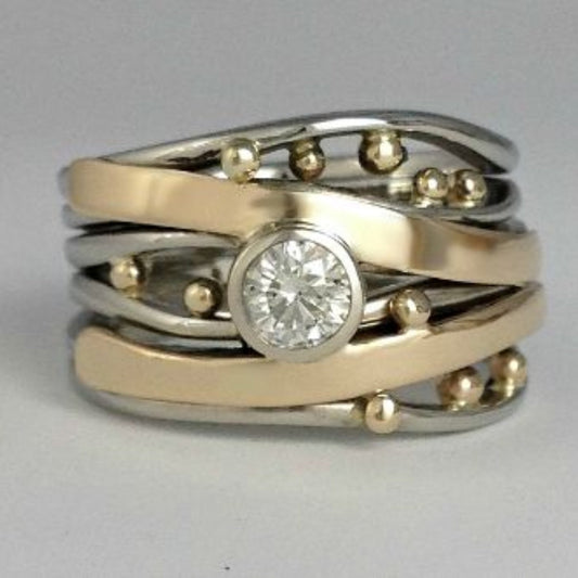 Vintage gold ring with inlay and zirconia