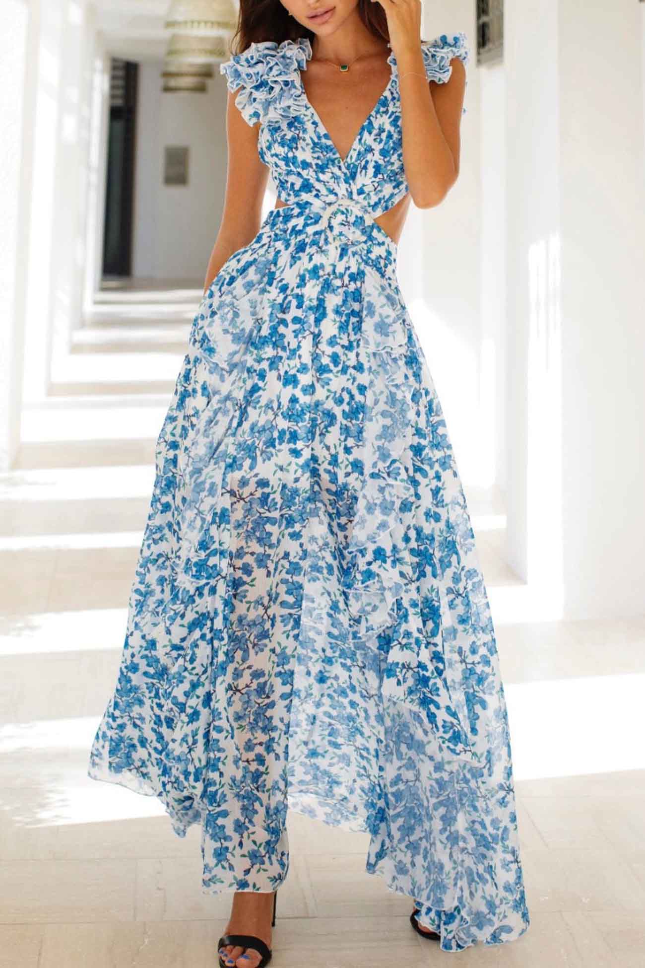 Isadora™ | Long Dress with Cut-outs and Ruffled Sleeves