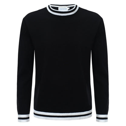 Men's Retro Knitted Jumper – Vintage Black with White Striped Trim