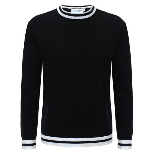 Men's Retro Knitted Jumper – Vintage Black with White Striped Trim