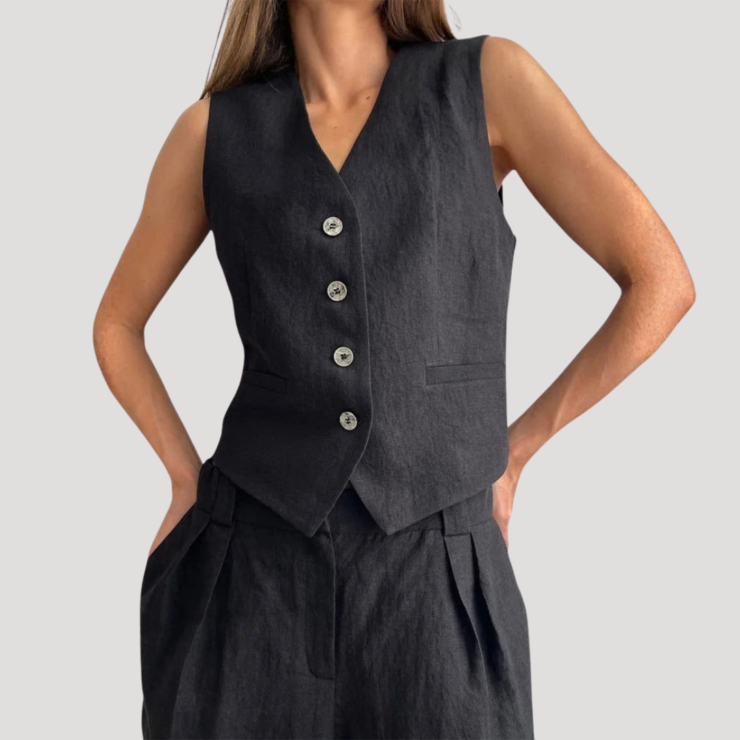 Women's Linen Blend Waistcoat Co-ord – Tailored 2 Piece Wide Leg Trouser Set