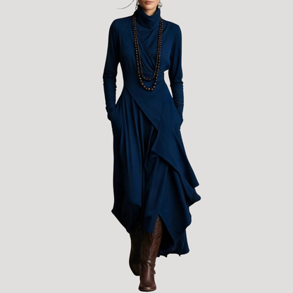 Modest Long Sleeve Turtleneck Asymmetrical Maxi Dress