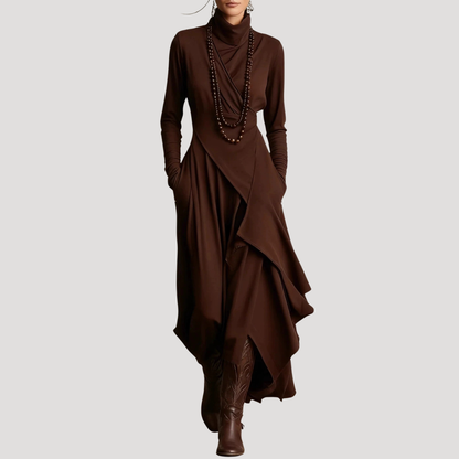Modest Long Sleeve Turtleneck Asymmetrical Maxi Dress