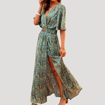 Printed A-Line Wrap Maxi Day Dress
