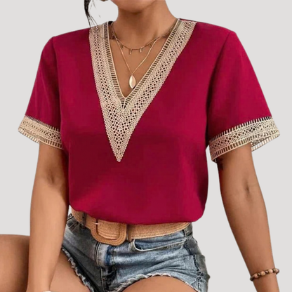 Women's Lace Trim V-Neck Summer Blouse