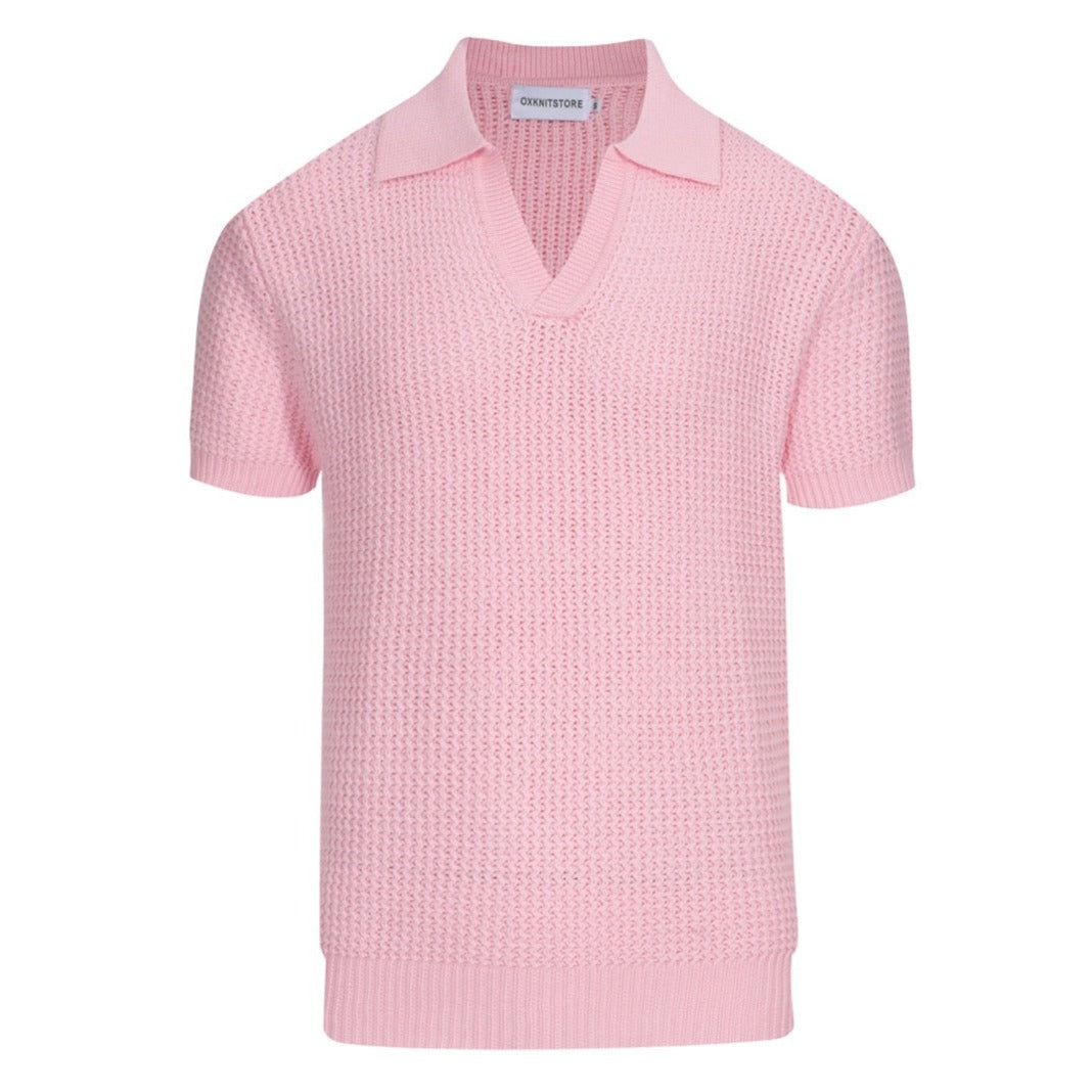 1960s Men's Pink Waffle Knit Polo – Lightweight Retro V-Neck Shirt