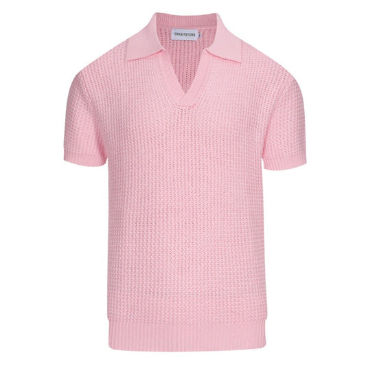 1960s Men's Pink Waffle Knit Polo – Lightweight Retro V-Neck Shirt
