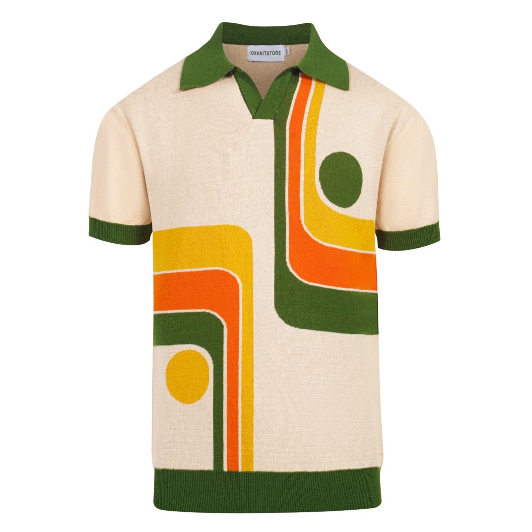 Retro Knitted Polo for Men – Vintage Cream Buttoned with 70s Geometric Graphic