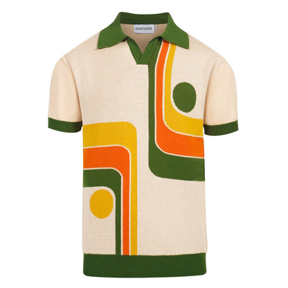 Retro Knitted Polo for Men – Vintage Cream Buttoned with 70s Geometric Graphic