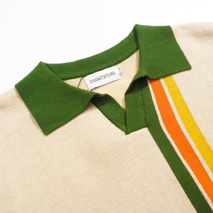Retro Knitted Polo for Men – Vintage Cream Buttoned with 70s Geometric Graphic