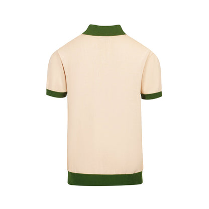 Retro Knitted Polo for Men – Vintage Cream Buttoned with 70s Geometric Graphic