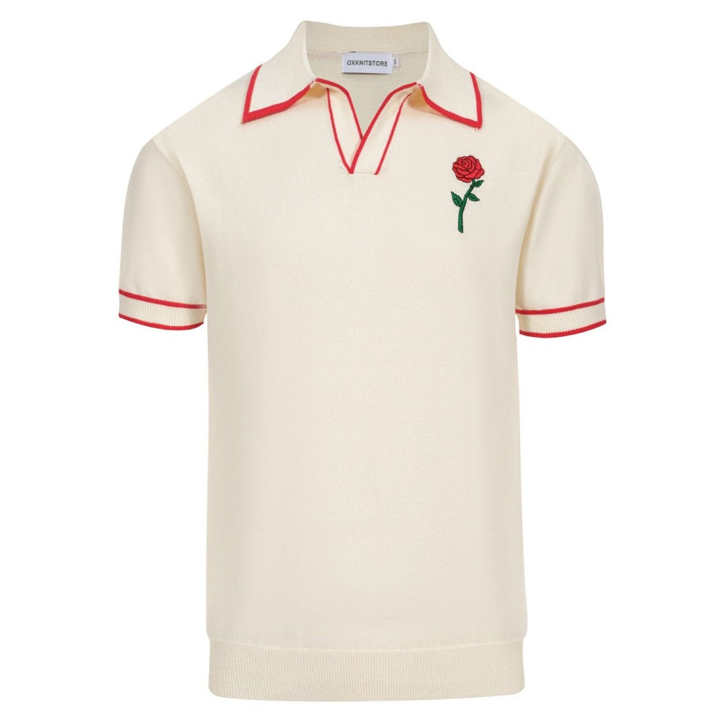Vintage Knitted Polo for Men – Retro Cream Buttoning with Rose Embroidery