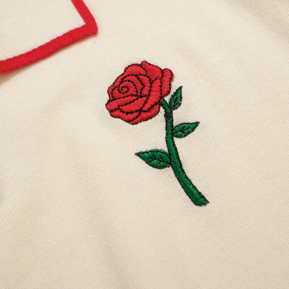 Vintage Knitted Polo for Men – Retro Cream Buttoning with Rose Embroidery