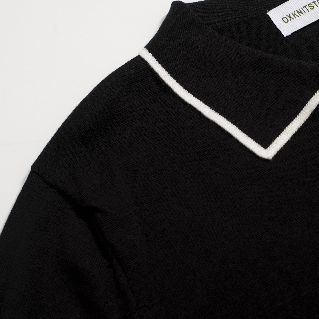 70s Black Mod Polo for Men – Retro Knitted Shirt with Contrast Trim