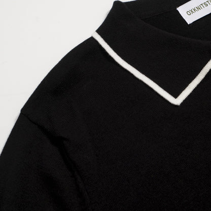 70s Black Mod Polo for Men – Retro Knitted Shirt with Contrast Trim