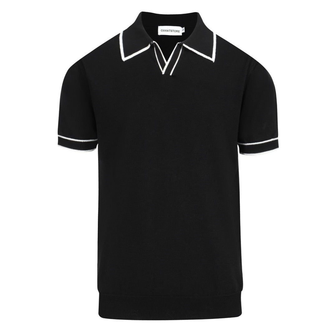 70s Black Mod Polo for Men – Retro Knitted Shirt with Contrast Trim