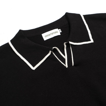 70s Black Mod Polo for Men – Retro Knitted Shirt with Contrast Trim