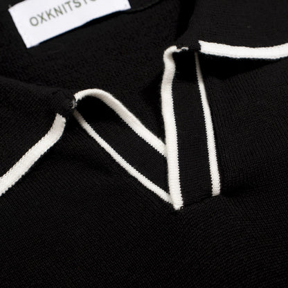 70s Black Mod Polo for Men – Retro Knitted Shirt with Contrast Trim