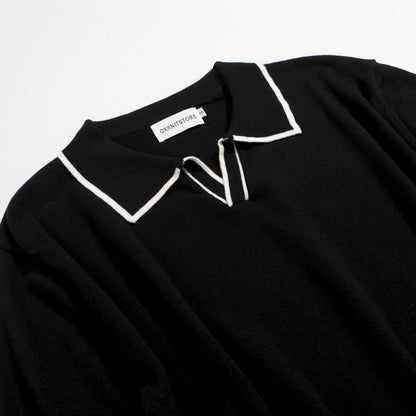70s Black Mod Polo for Men – Retro Knitted Shirt with Contrast Trim